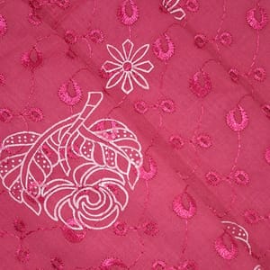 Bright Pink Cotton Chikan Fabric with White Leaf & Floral Embroidery