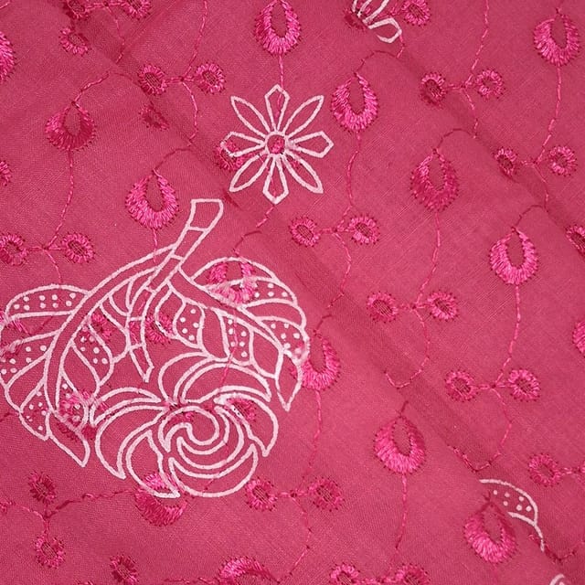 Bright Pink Cotton Chikan Fabric with White Leaf & Floral Embroidery