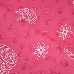 Bright Pink Cotton Chikan Fabric with White Leaf & Floral Embroidery