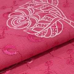Bright Pink Cotton Chikan Fabric with White Leaf & Floral Embroidery