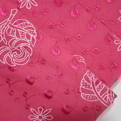 Bright Pink Cotton Chikan Fabric with White Leaf & Floral Embroidery