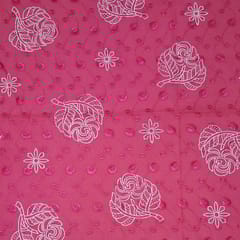 Bright Pink Cotton Chikan Fabric with White Leaf & Floral Embroidery