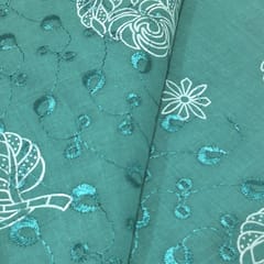 Peacock Green Cotton Chikan Fabric with White Leaf & Floral Embroidery