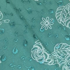 Peacock Green Cotton Chikan Fabric with White Leaf & Floral Embroidery