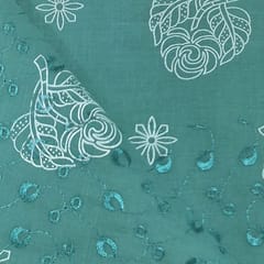 Peacock Green Cotton Chikan Fabric with White Leaf & Floral Embroidery