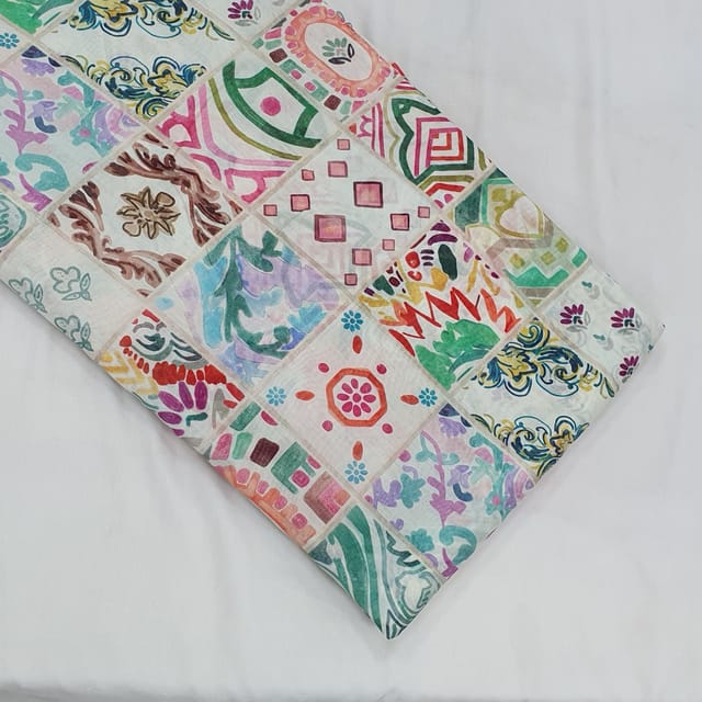 Off White Multi colour Mal Chanderi silk printed fabric