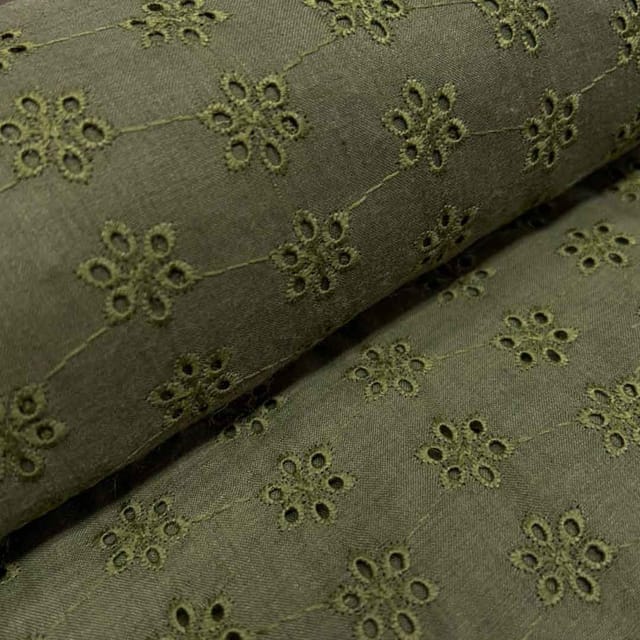 Olive Green Embroidered Cotton Hakoba Fabric