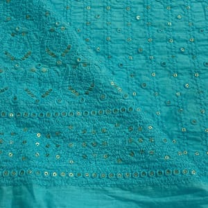 Firozi Colour Cotton Lakhnavi Embroidered Fabric