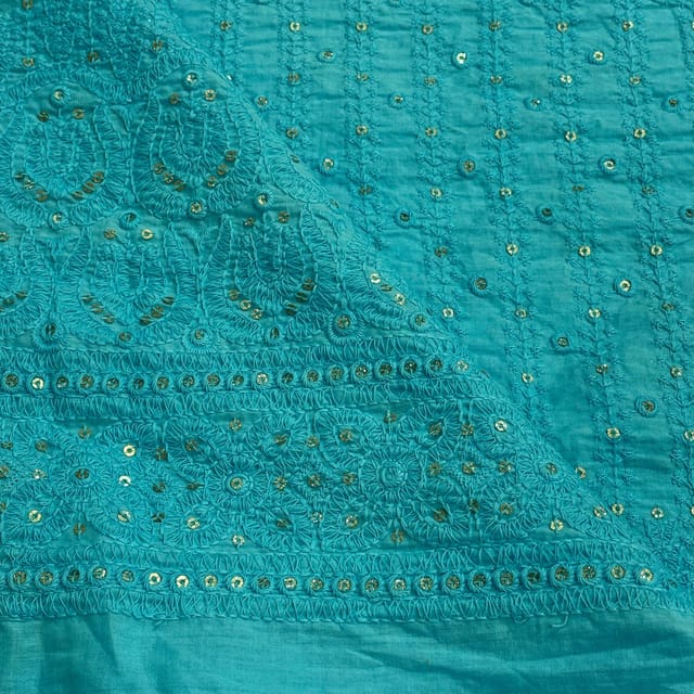 Firozi Colour Cotton Lakhnavi Embroidered Fabric