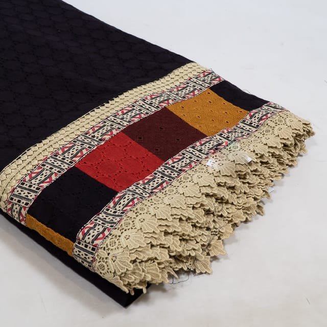 Black Color Cotton Chikan Embroidered Fabric