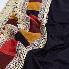 Black Color Cotton Chikan Embroidered Fabric