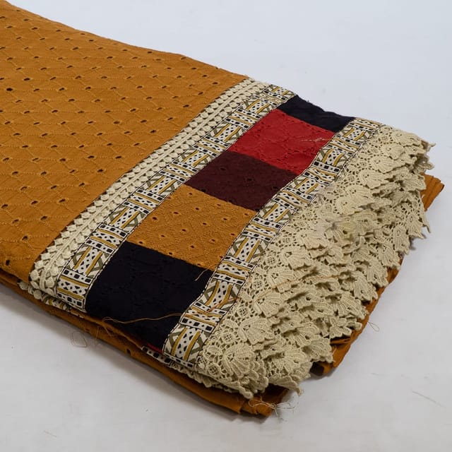 Brown Color Cotton Chikan Embroidered Fabric