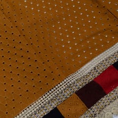 Brown Color Cotton Chikan Embroidered Fabric