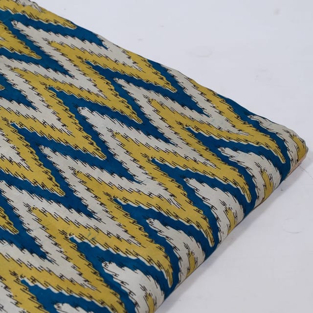 Beige n Blue Color Modal Satin Printed Fabric