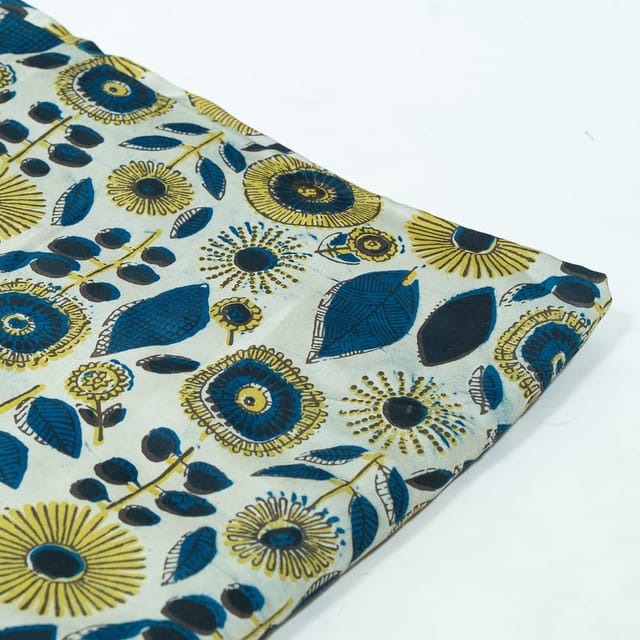 Beige n Blue Color Modal Satin Printed Fabric