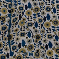 Beige n Blue Color Modal Satin Printed Fabric