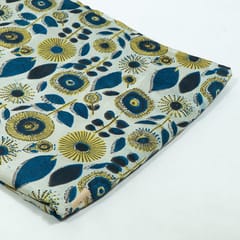 Beige n Blue Color Modal Satin Printed Fabric