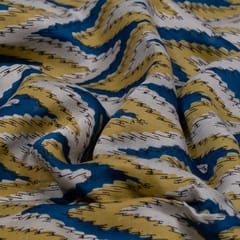 Beige n Blue Color Modal Satin Printed Fabric