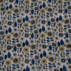 Beige n Blue Color Modal Satin Printed Fabric