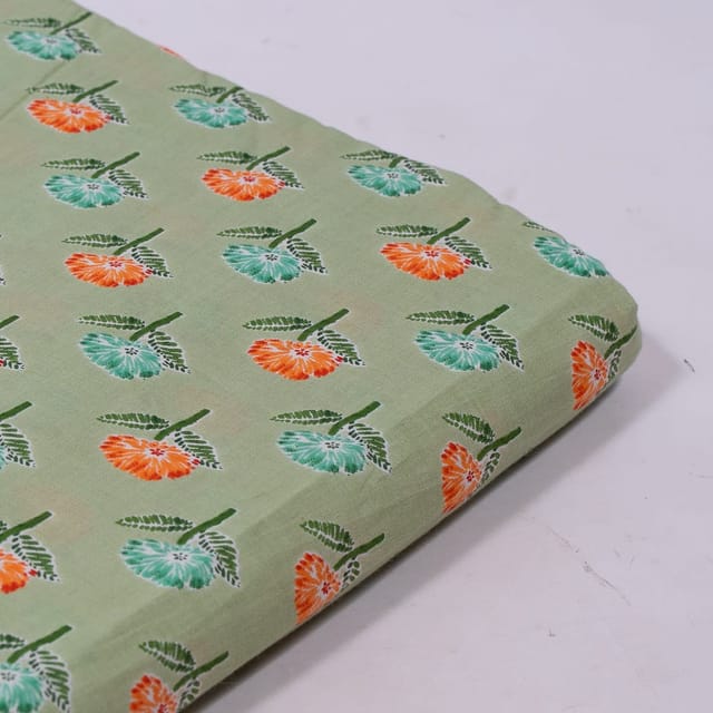 Green Color Cambric Cotton Printed Fabric