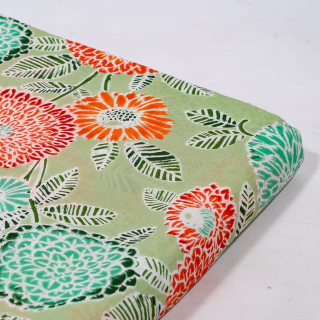 Green Color Cambric Cotton Printed Fabric