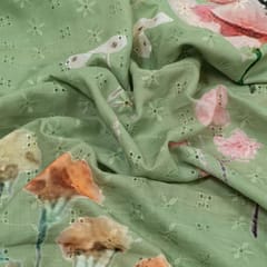 Patel Green Color Chikan Flowral Printed Fabric