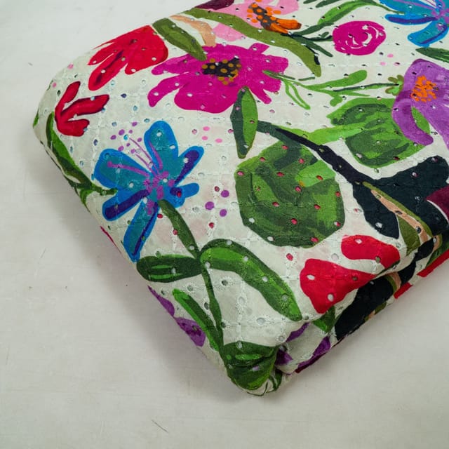 Off White Color Chikan Flowral Printed Fabric