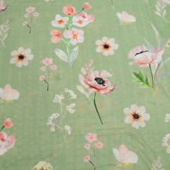 Patel Green Color Chikan Flowral Printed Fabric