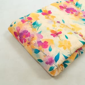Lemon Color Chikan Flowral Printed Fabric