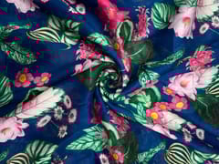 Navy Blue & Green Floral Pure Chanderi Fabric