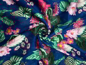 Navy Blue & Green Floral Pure Chanderi Fabric