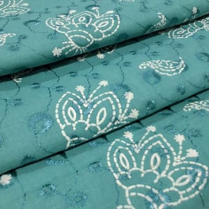 Peacock Green Cotton Chikan Fabric with White Paisley & Floral Embroidery