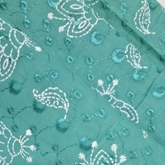 Peacock Green Cotton Chikan Fabric with White Paisley & Floral Embroidery