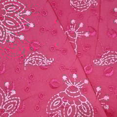 Bright Pink Cotton Chikan Fabric with White Paisley & Floral Embroidery