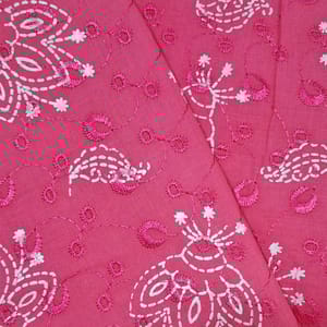 Bright Pink Cotton Chikan Fabric with White Paisley & Floral Embroidery