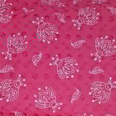 Bright Pink Cotton Chikan Fabric with White Paisley & Floral Embroidery