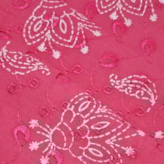 Bright Pink Cotton Chikan Fabric with White Paisley & Floral Embroidery