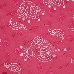 Bright Pink Cotton Chikan Fabric with White Paisley & Floral Embroidery