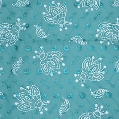 Peacock Green Cotton Chikan Fabric with White Paisley & Floral Embroidery