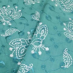 Peacock Green Cotton Chikan Fabric with White Paisley & Floral Embroidery