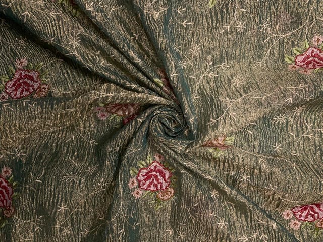 Rama Green Floral Crush Tissue Embroidery Fabric