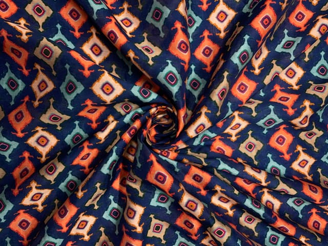 Navy Blue Geometric Pure Chanderi Fabric