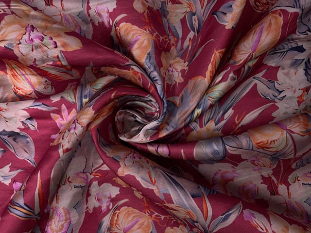 Reddish -Pink Floral Floral Linen Satin Fabric