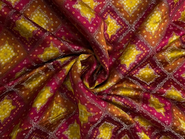 Orange Geometric Satin Embroiderd Fabric
