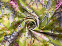 Green Floral Linen Satin Fabric