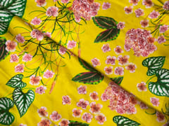 Mustard Green Floral Linen Satin Fabric