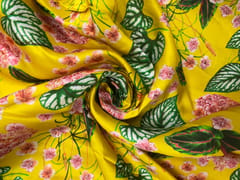 Mustard Green Floral Linen Satin Fabric