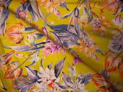 Mustard Multicolor Floral Linen Satin Fabric