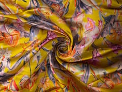 Mustard Multicolor Floral Linen Satin Fabric