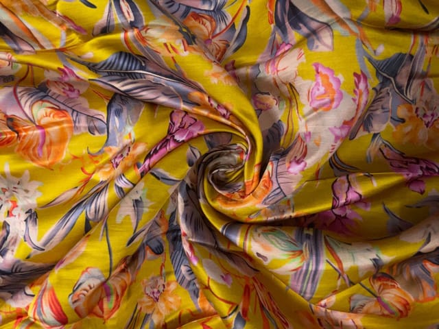 Mustard Multicolor Floral Linen Satin Fabric